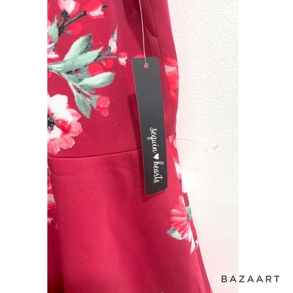 Sequin Hearts Pink Floral Fit & Flare Mini Dress Junior  NWT Sz:7 - Picture 3 of 8